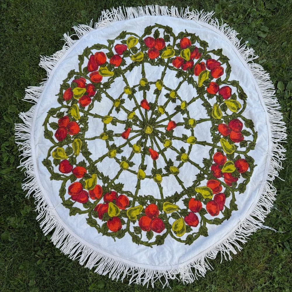 VTG Round Terry Cloth Tablecloth Beach Towel 49in Fruit Apple Pear Fringe Retro